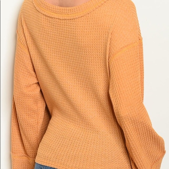 ❌DONATED❌Mustard Yellow Long Sleeve Raw Edging Waffle Tie Tunic Top - Picture 3 of 8